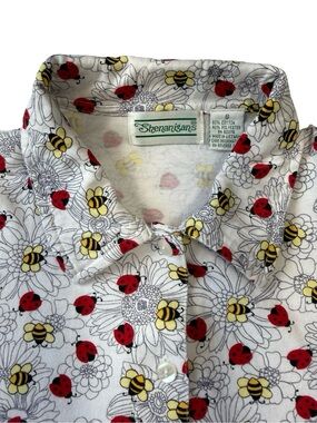 Shenanigans Women's White Floral Button-Down Shirt with Bees & Ladybugs